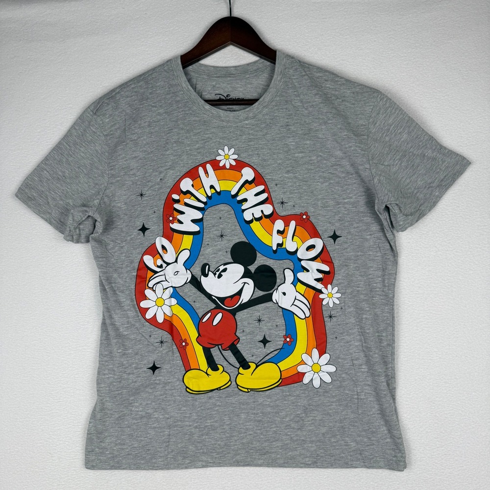 Disney Mickey Mouse T-Shirt Women XL Heather Grey Go With The Flow Rainbow Retro